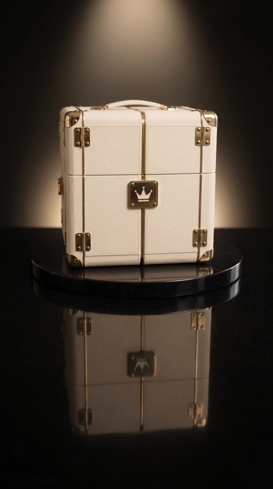 An ivory trunk with gold hardware glowing at its seam, in a sunset-lit boutique, a pink trunk and a black trunk at either side